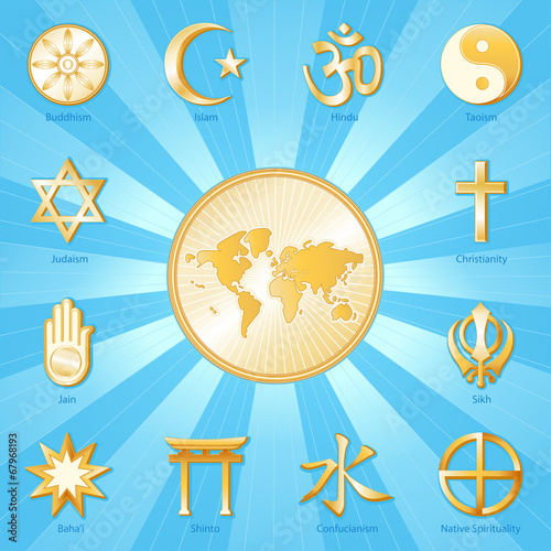 World of Faith map with international religions, blue background