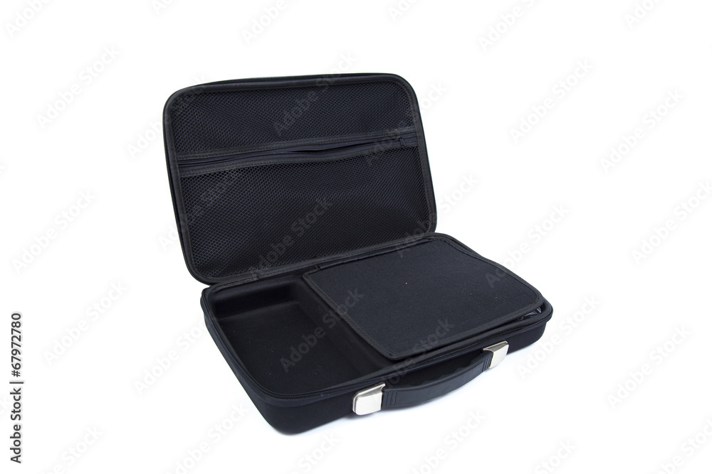 Black briefcase open. Black briefcase open.