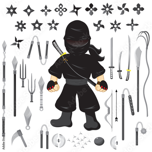 Illustration of character ninja and weapon, cartoon vector