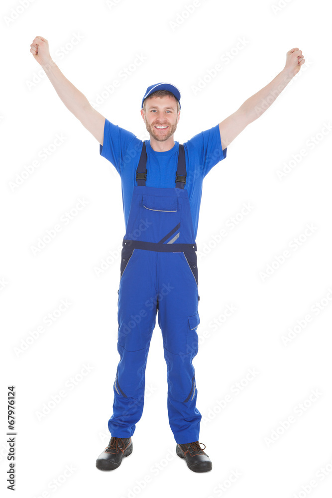 Confident Cleaner Mopping Over White Background