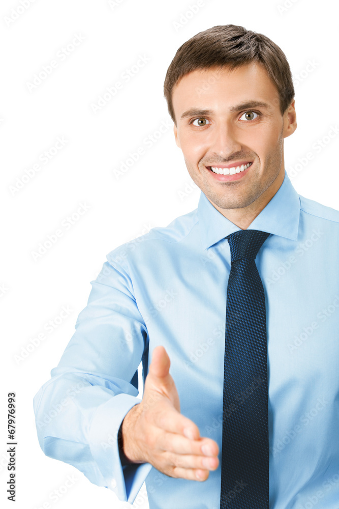 Business man giving hand for handshake, isolated Business man giving hand for handshake, isolated