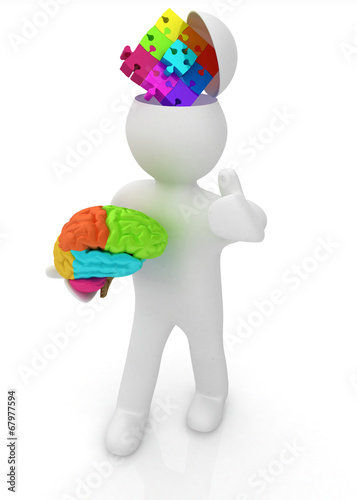 3d people - man with half head, brain and trumb up. Idea concept photo