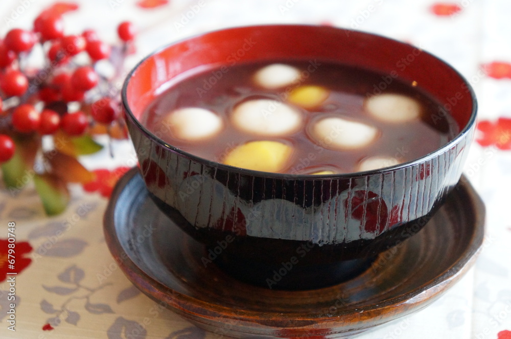 Japanese dessert, sweet red-bean soup with chestnuts Japanese dessert, sweet red-bean soup with chestnuts