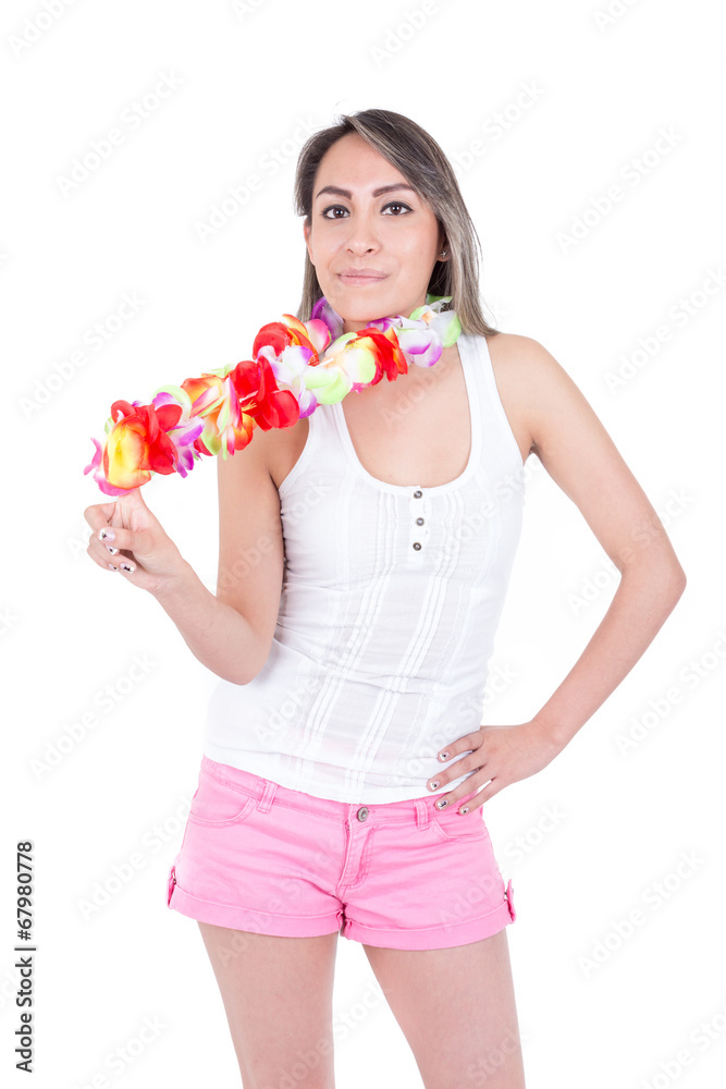 beautiful young woman wearing shorts and a flower lei beautiful young woman wearing shorts and a flower lei