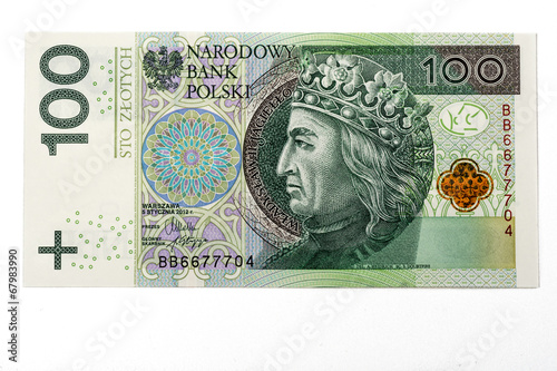 one hundred pln polish zloty banknote on white background