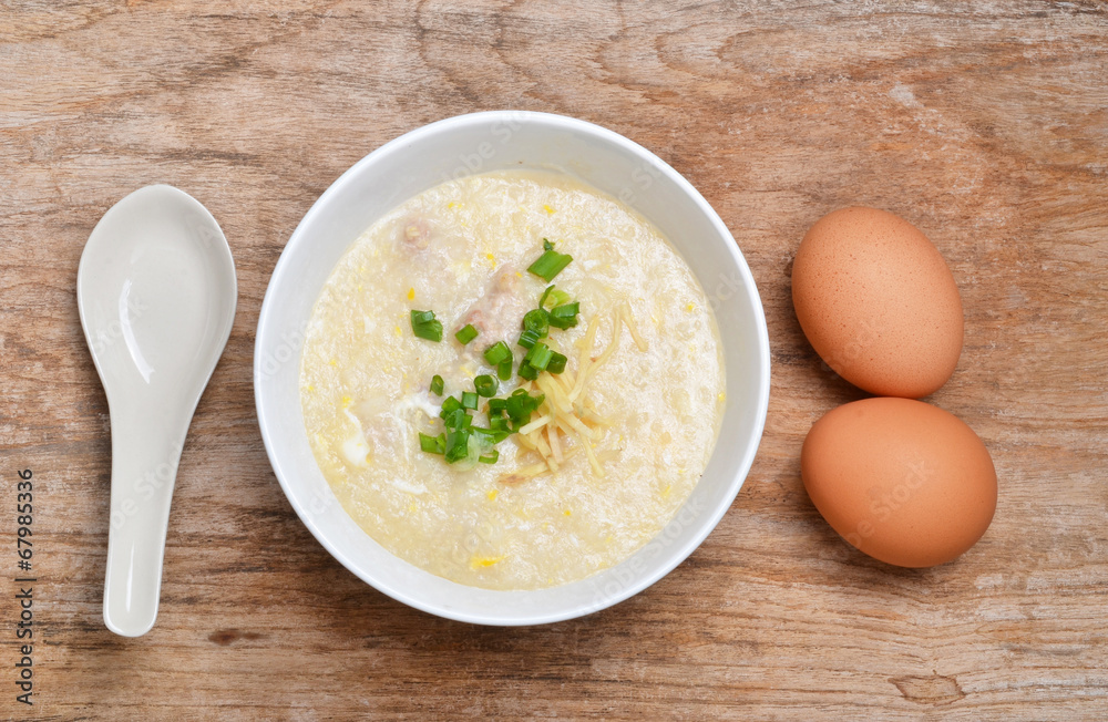 Thai style breakfast with pork and soft-boiled egg