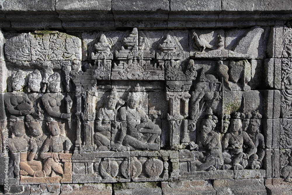 relief panels in Borobudur Temple, Indonesia