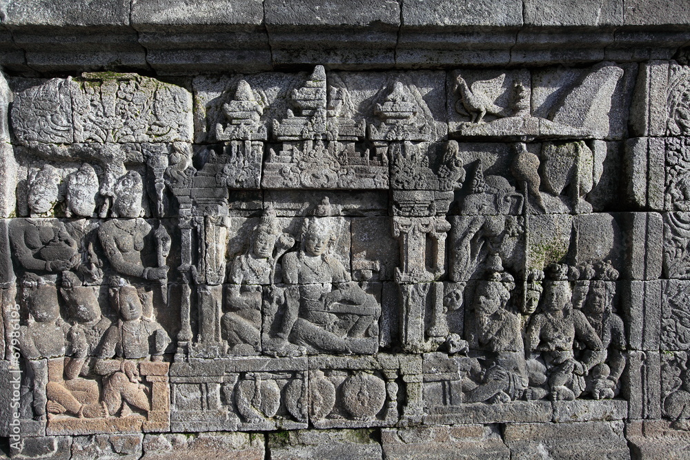 relief panels in Borobudur Temple, Indonesia relief panels in Borobudur Temple, Indonesia