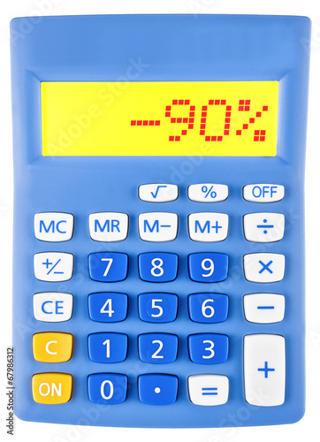 Calculator with -90% on display on white background