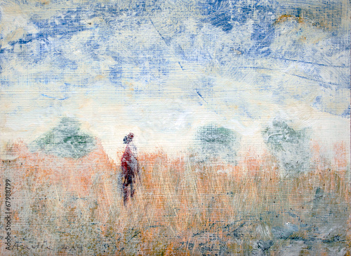 Landscape with trees and field, painting