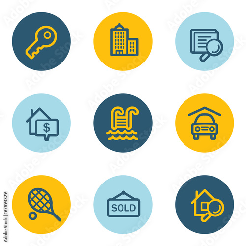Real estate web icons, blue and yellow circle buttons