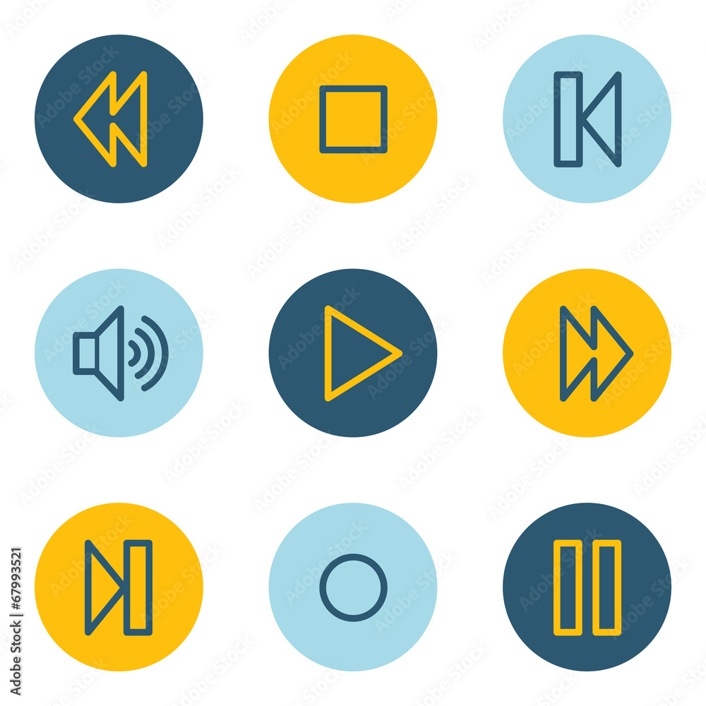 Media player web icons , blue and yellow circle buttons