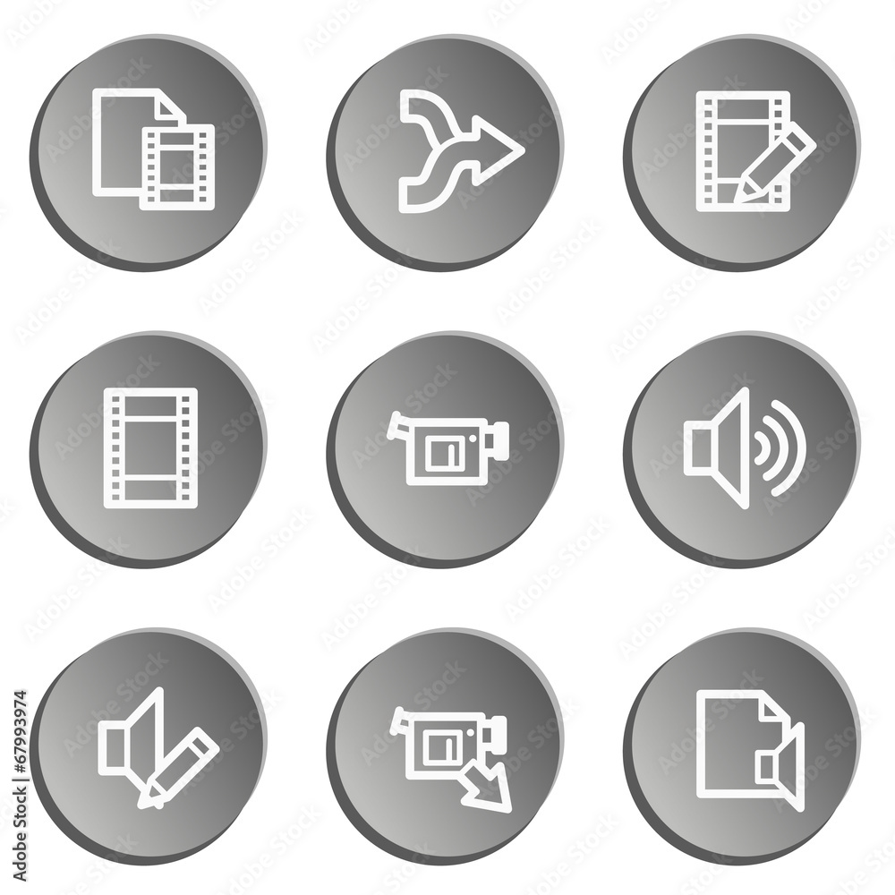 Audio video edit web icons, grey stickers set Audio video edit web icons, grey stickers set