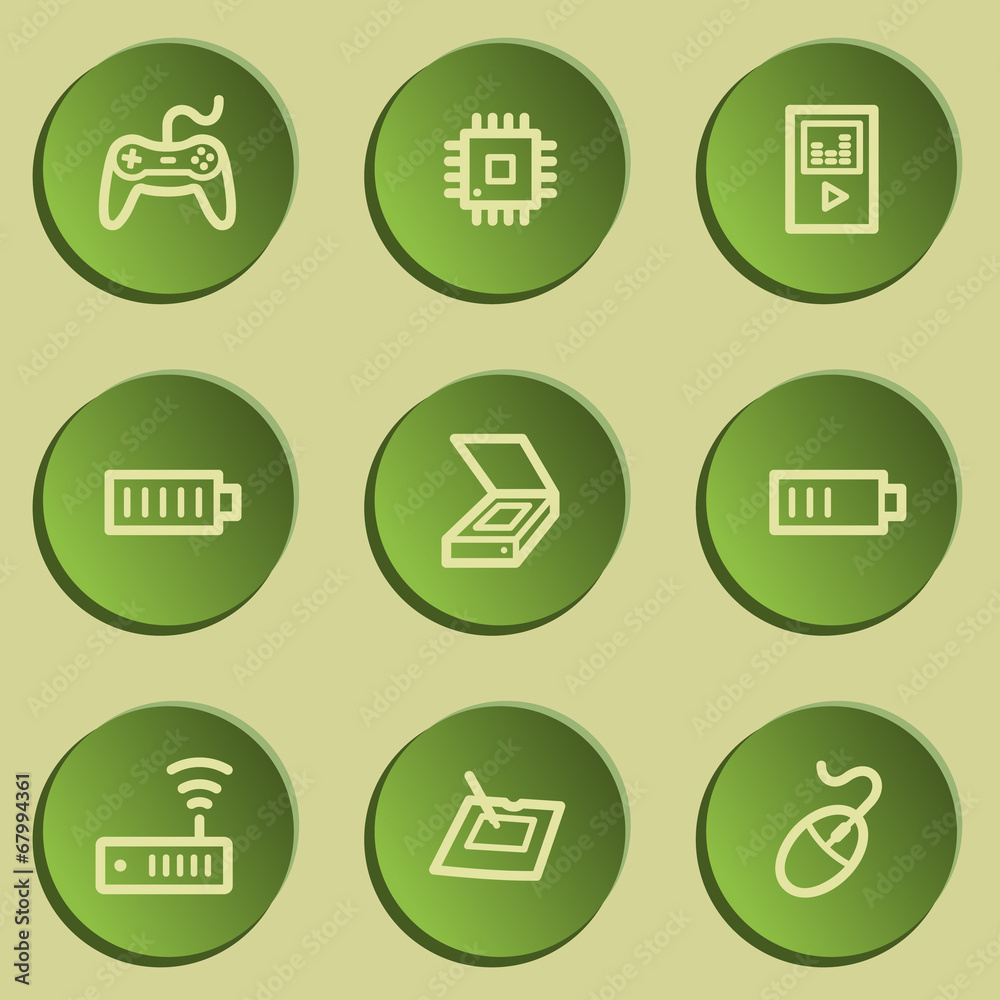 Electronics web icon set 2, green paper stickers set Electronics web icon set 2, green paper stickers set