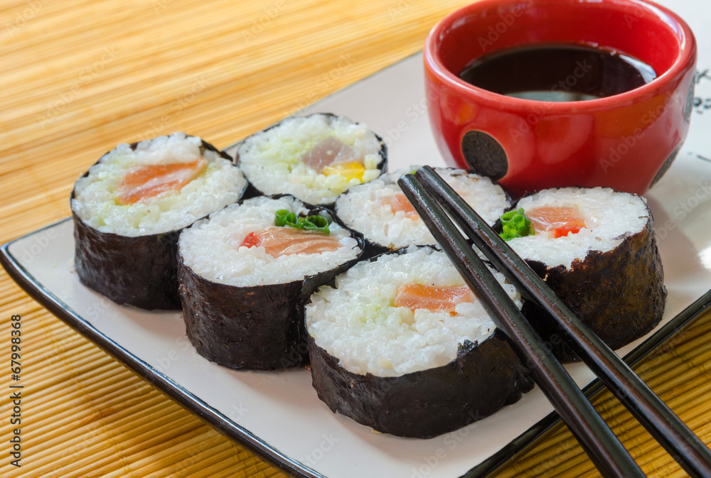 close-up of six sushi rolls with soy sauce and chopsticks close-up of six sushi rolls with soy sauce and chopsticks