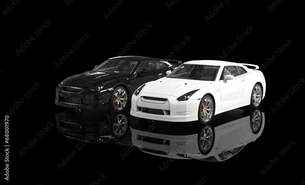 Cool black and white cars on reflective background