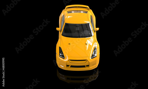 Cool yellow car top view on reflective background
