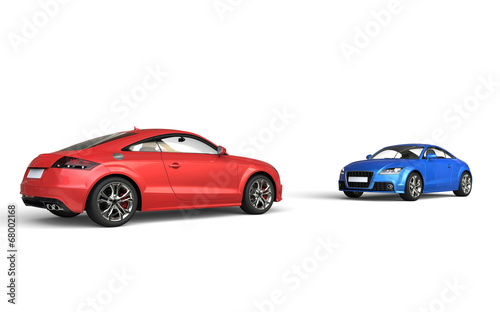 Red and blue car facing off