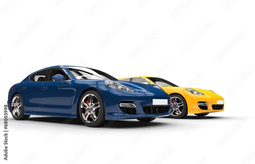 Modern fast cars - blue and yellow, side angle view