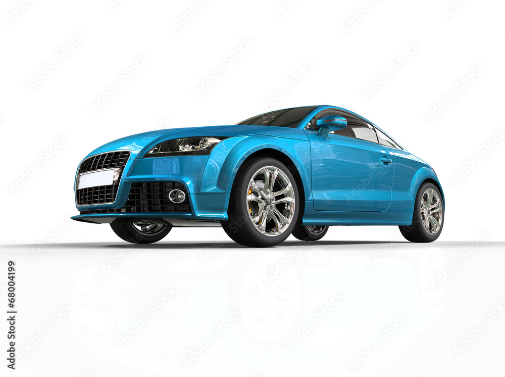 Bright blue metallic car isolated on white background. Bright blue metallic car isolated on white background.