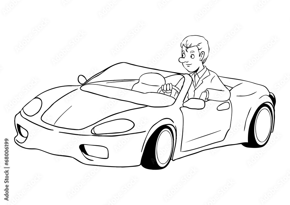 Cartoon illustration of a businessman driving a sport car