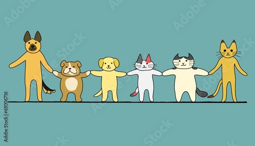 手をつなぐ犬と猫たち