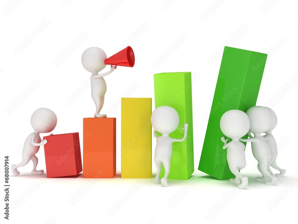 3D colored bar graph with team of white people 3D colored bar graph with team of white people