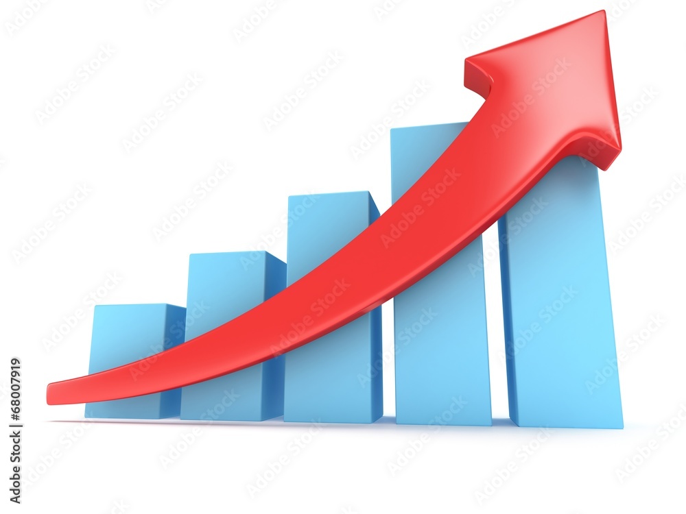 Blue bar graph with red arrow Blue bar graph with red arrow