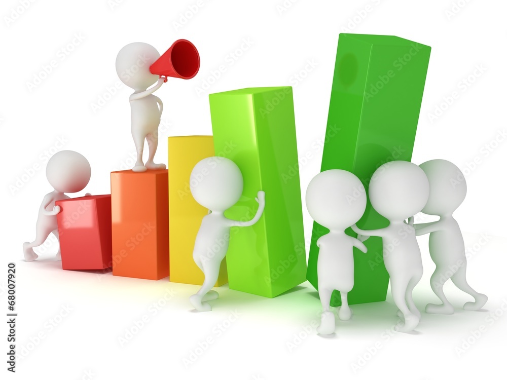 3D colored bar graph with team of white people 3D colored bar graph with team of white people