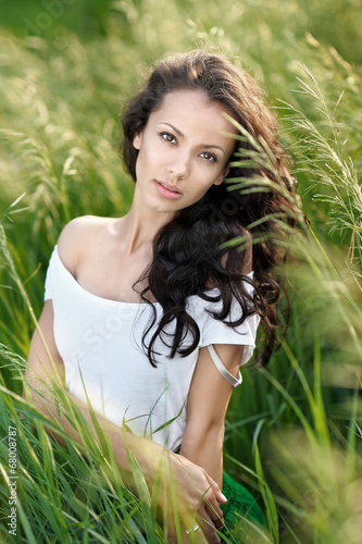 beautiful elegant brunette girl in a field