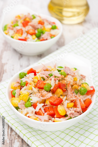 salad with corn, green peas, rice, red pepper and tuna