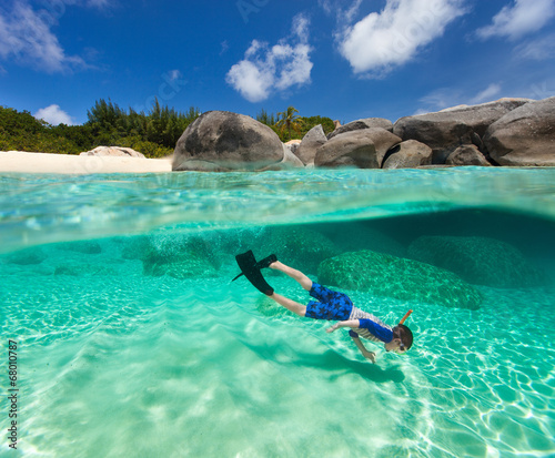 Little boy snorkeling in tropical water