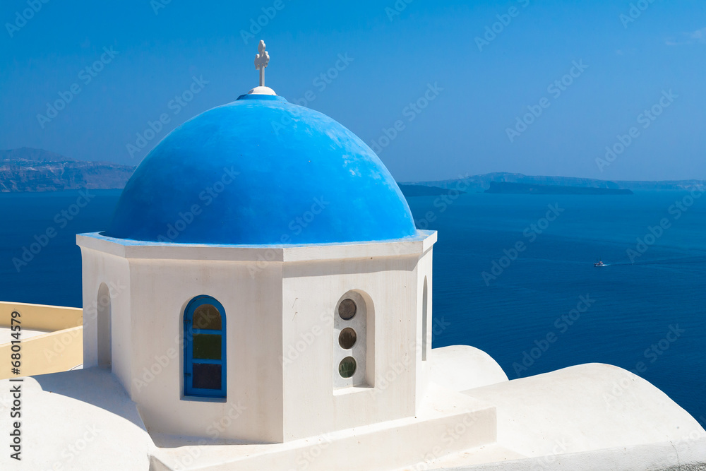 Classic Santorini scene with famous blue dome churches, Greece