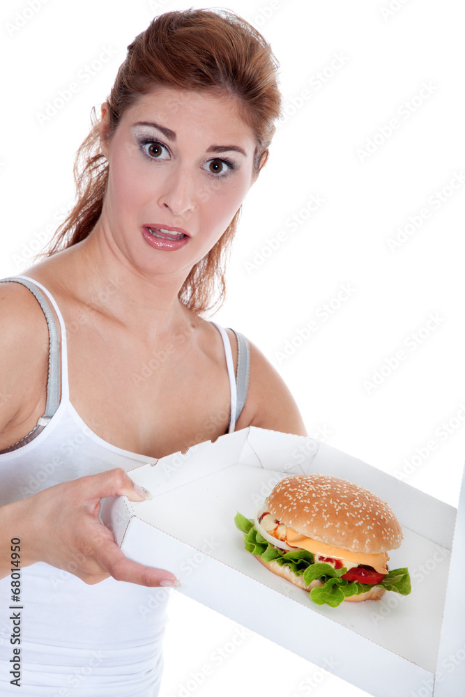 Model Frau bekommt Hamburger statt Pizza geliefert Porträt Model Frau bekommt Hamburger statt Pizza geliefert Porträt