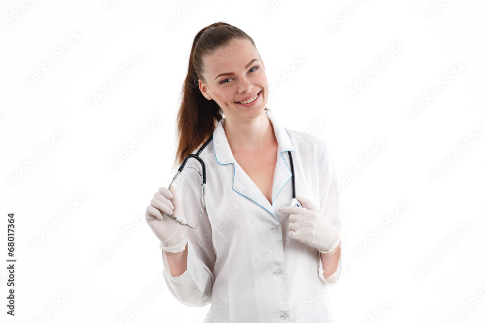 Happy smiling female doctor  isolated on white background