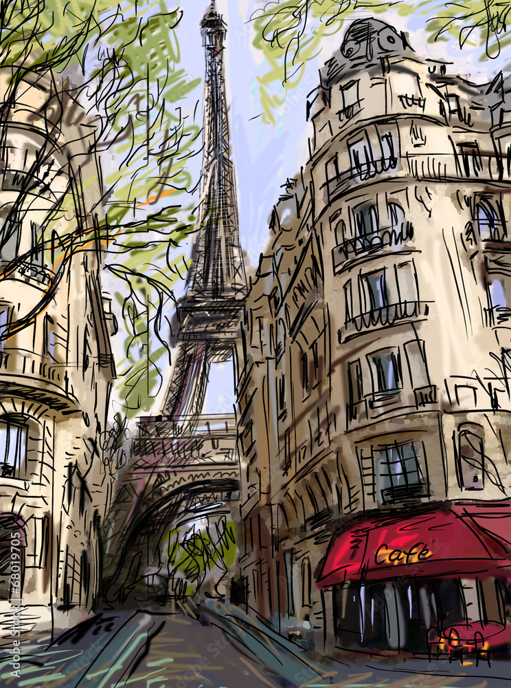 Fototapeta premium Ulica w Paryżu - ilustracja