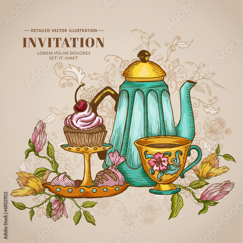 Vintage Menu or Invitation Card - with Teapot and Desserts