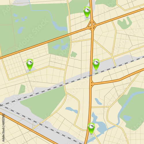 city ​​map with roads, parks and pointer gas station