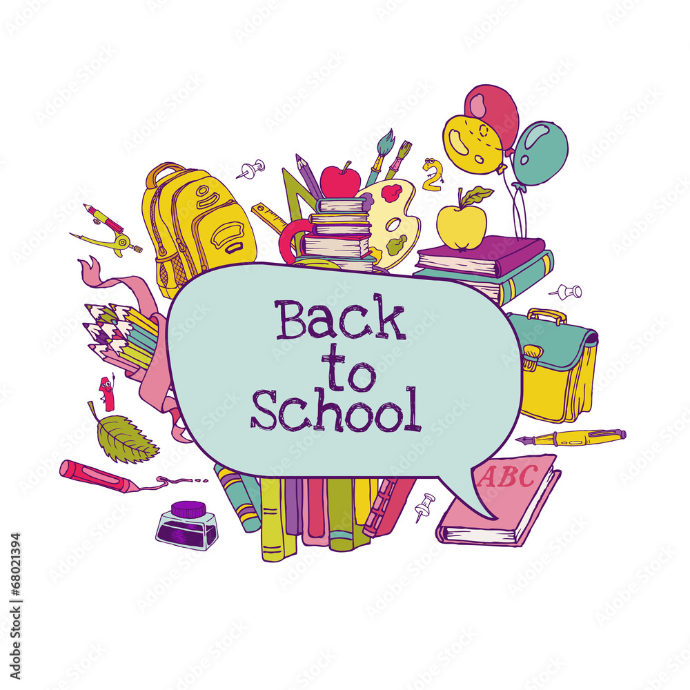 Fototapeta premium Back to School Set - school supplies, hand-drawn doodles