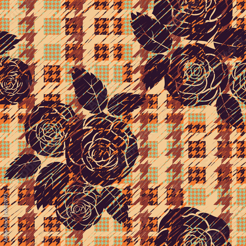 Hounds-tooth seamless pattern with roses