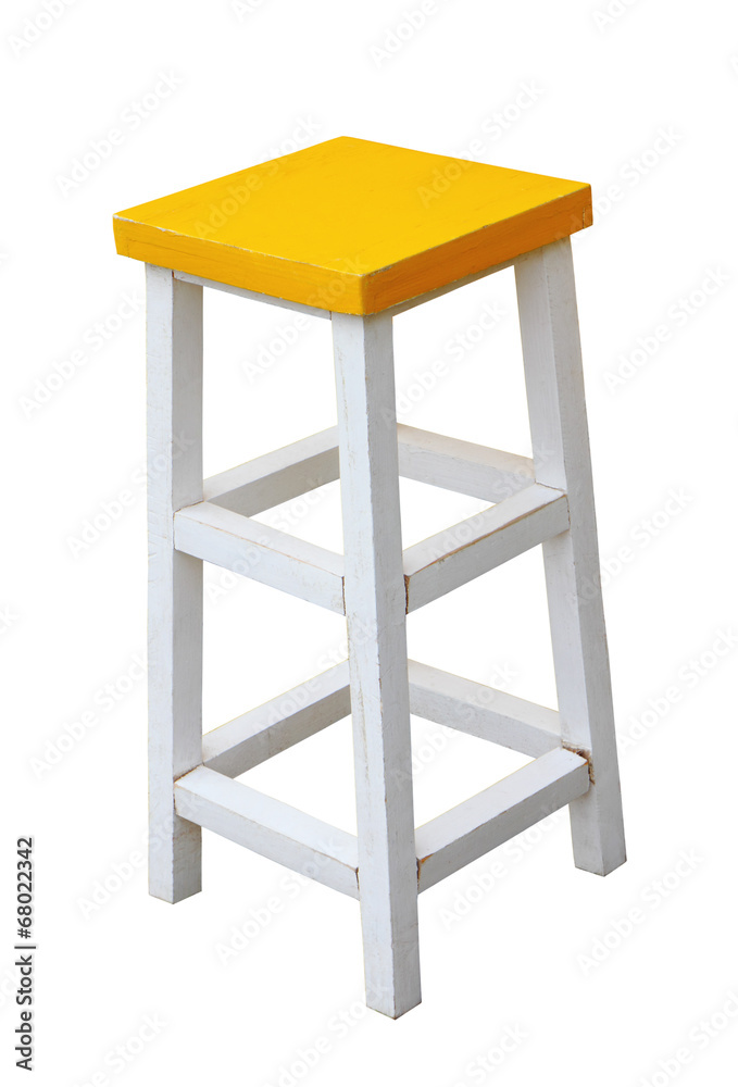 White and yellow wooden stool isolated by hand made clipping pat