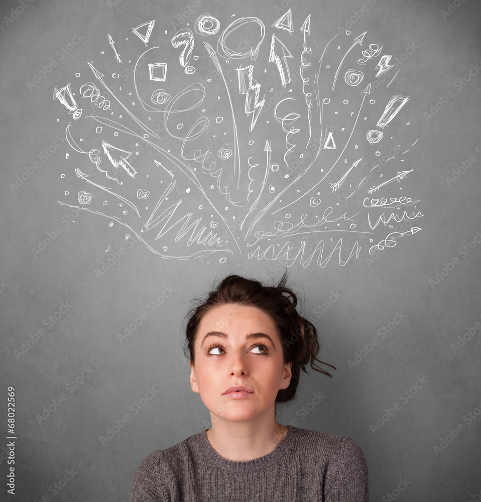 Young woman thinking with sketched arrows above her head Young woman thinking with sketched arrows above her head