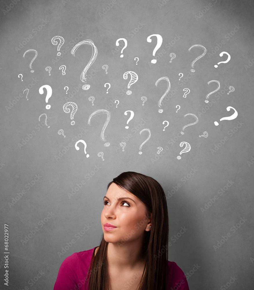 Young woman with question marks above her head