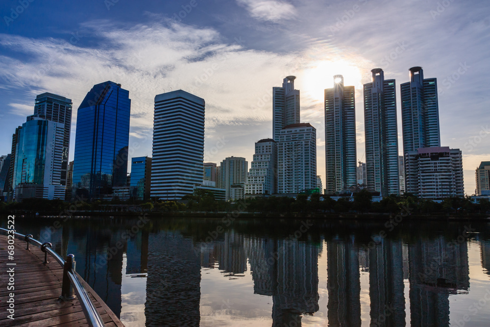 Building and blue sky with light  sunbeams in bangkok,Thailand