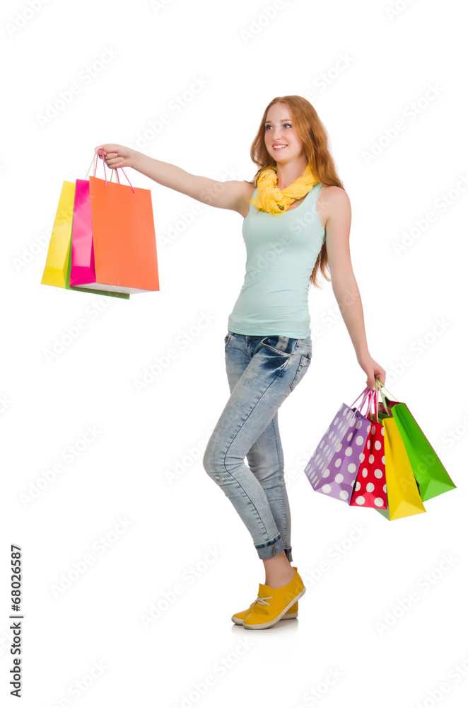 Woman after shopping spree on white Woman after shopping spree on white