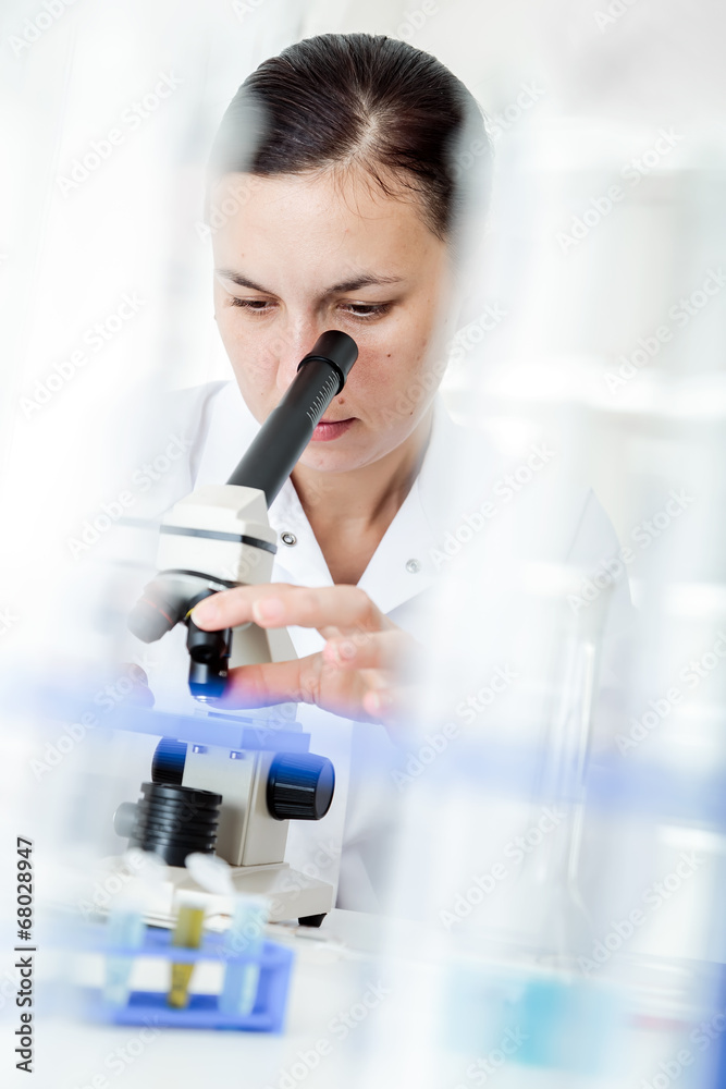 Scientist using a microscope in a laboratory Scientist using a microscope in a laboratory