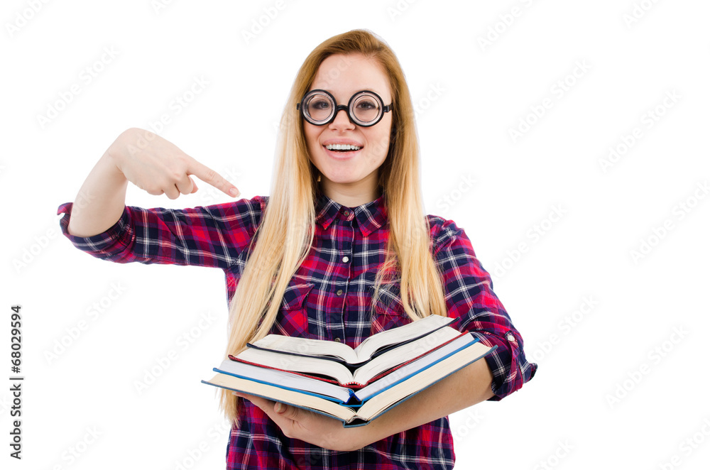 Funny student with stack of books Funny student with stack of books