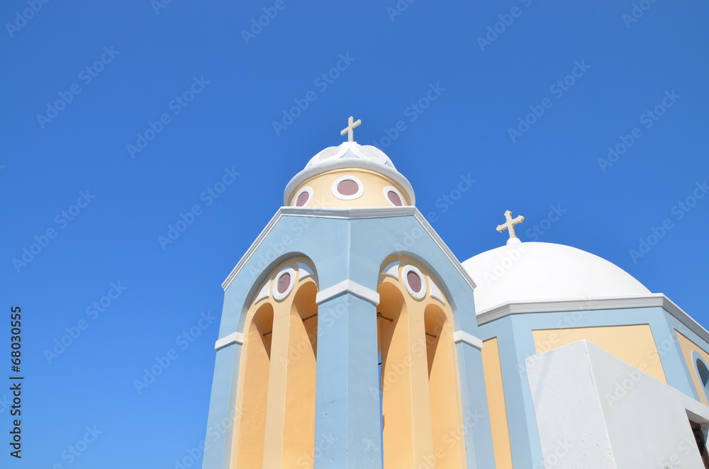 Beautiful church with two cupolas in Fira, Santorini - obrazy, fototapety, plakaty 