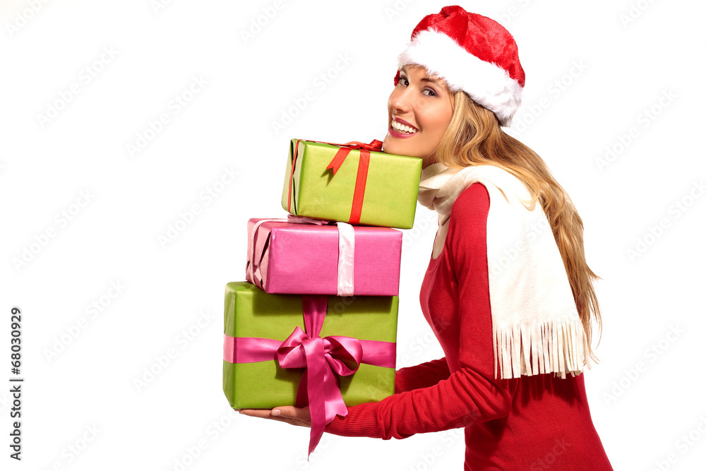 Christmas Santa hat woman portrait hold christmas gift Christmas Santa hat woman portrait hold christmas gift