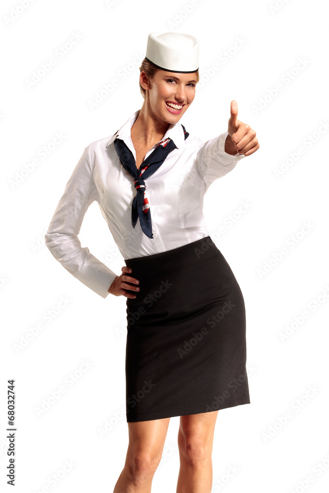 Charming flight stewardess showing various gesture Charming flight stewardess showing various gesture